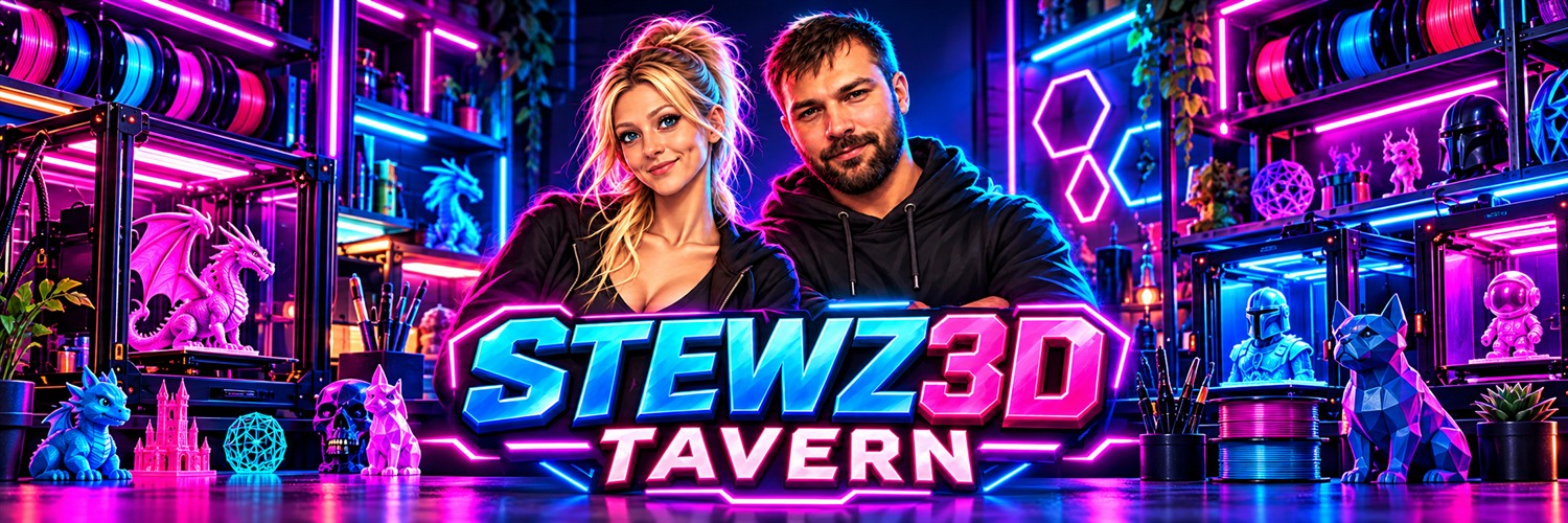 STEWZ3DTAVERN creators in a neon 3D-printing studio