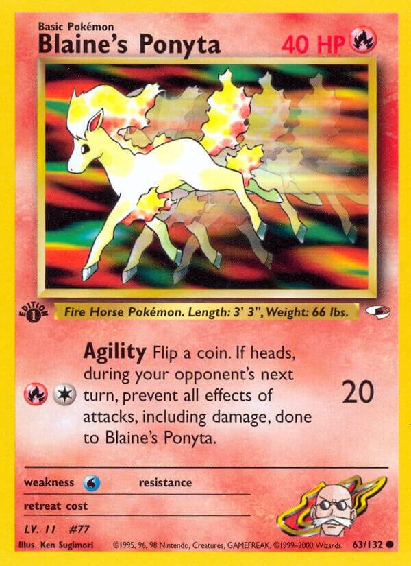 Blaine's Ponyta Pokémon card from Gym Heroes, card number 063/132