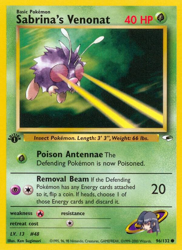 Sabrina's Venonat Pokémon card from Gym Heroes, card number 096/132
