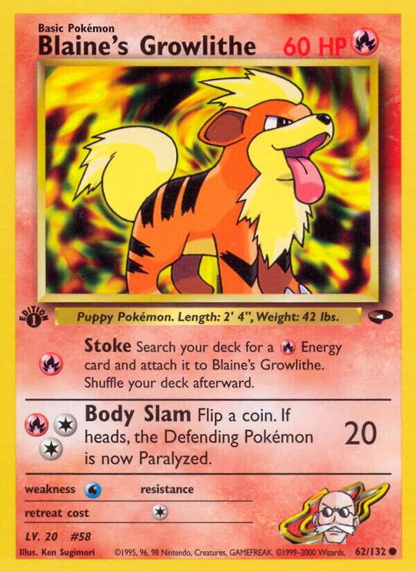Blaine's Growlithe Pokémon card from Gym Challenge, card number 062/132