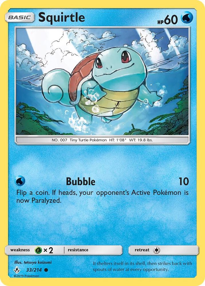 Squirtle Pokémon card from SM - Unbroken Bonds, card number 33/214