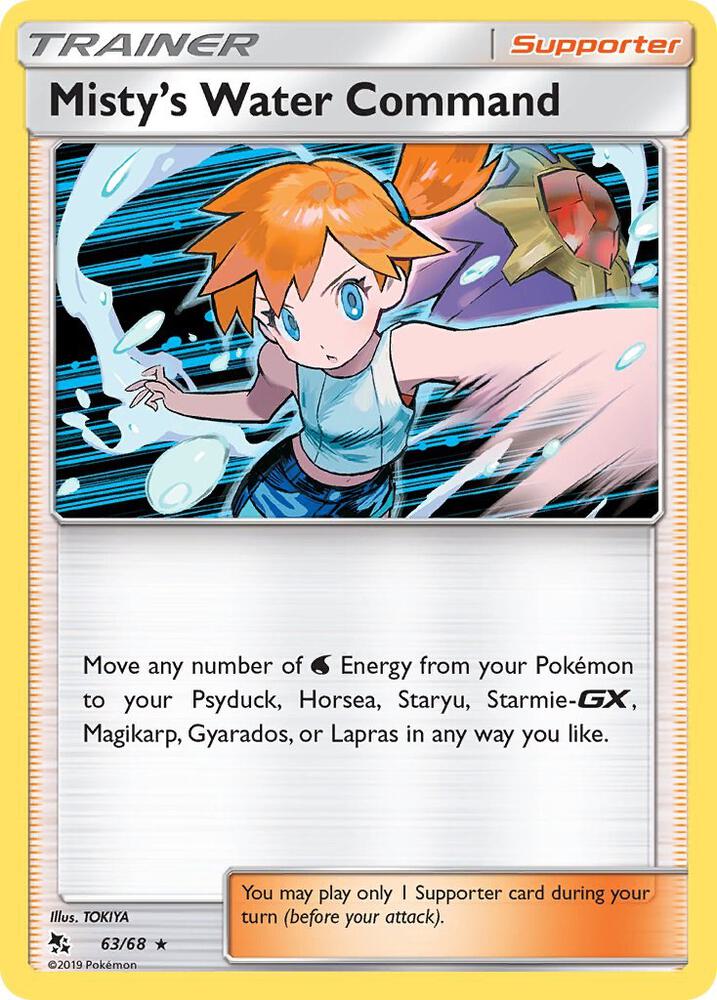 Misty's Water Command Pokémon card from Hidden Fates, card number 63/68