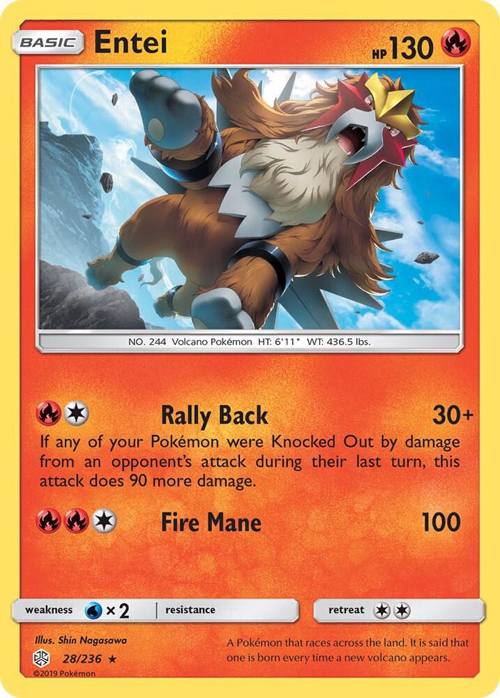 Entei Pokémon card from SM - Cosmic Eclipse, card number 28/236