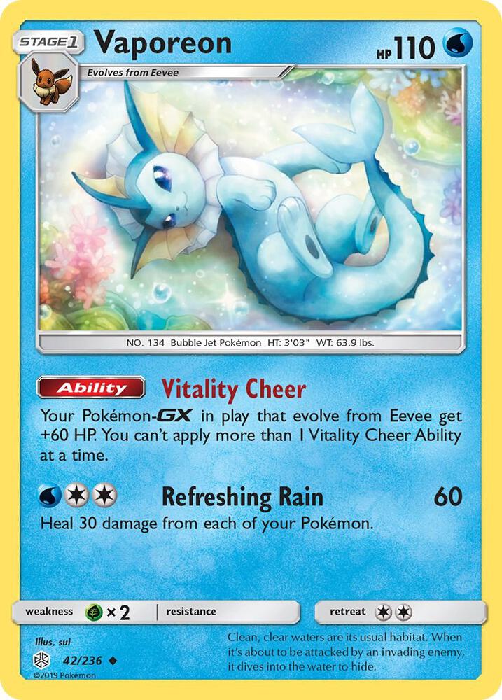 Vaporeon Pokémon card from SM - Cosmic Eclipse, card number 42/236