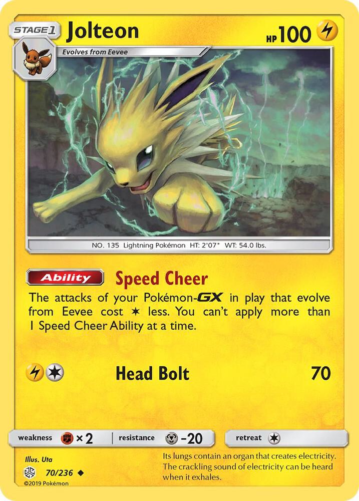 Jolteon Pokémon card from SM - Cosmic Eclipse, card number 70/236
