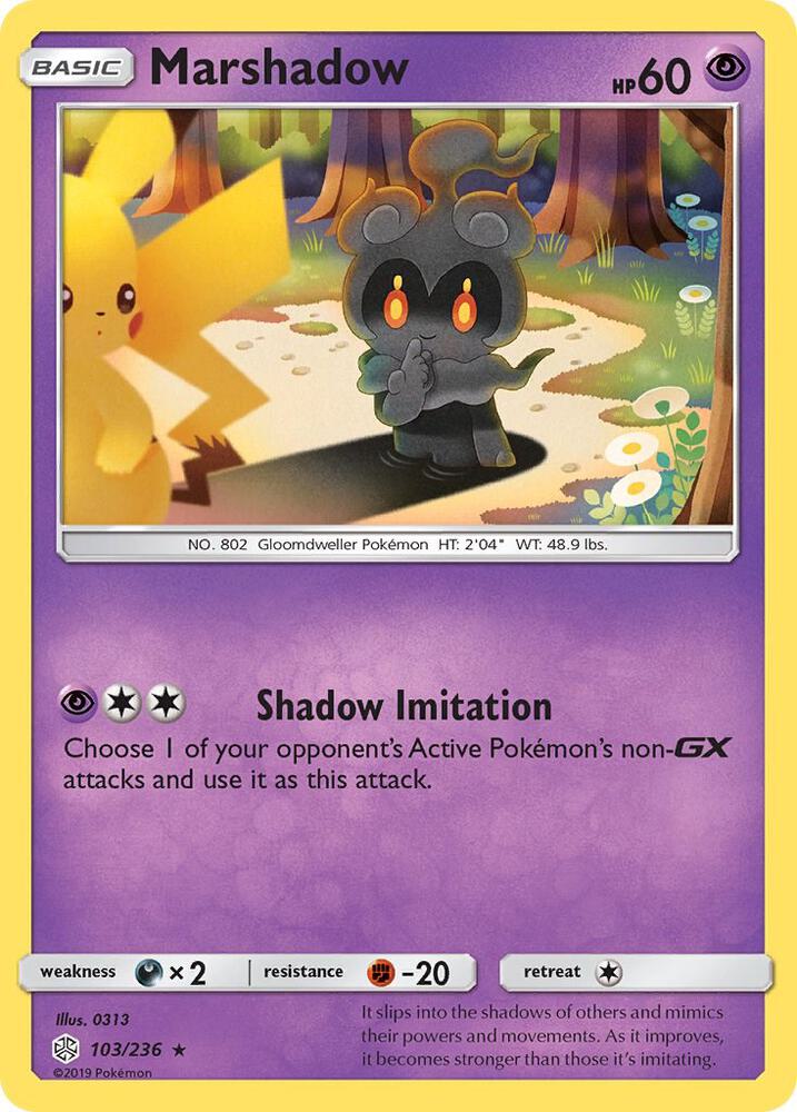 Marshadow Pokémon card from SM - Cosmic Eclipse, card number 103/236