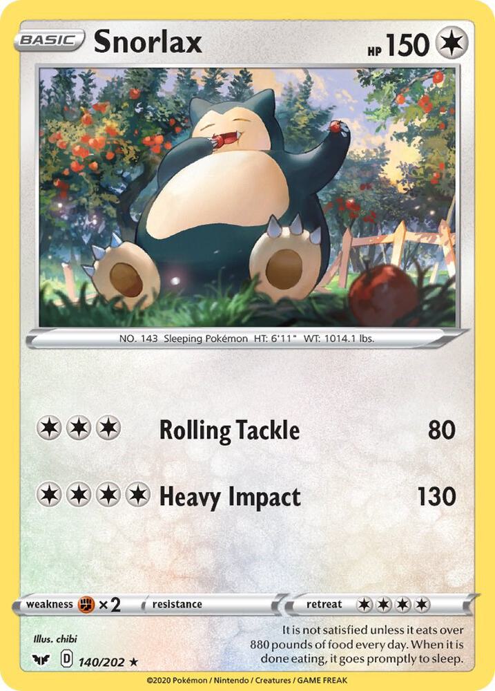 Snorlax Pokémon card from SWSH01: Sword & Shield Base Set, card number 140/202
