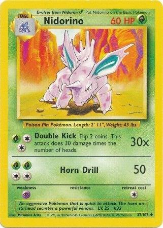 Nidorino Pokémon card from Base Set, card number 037/102