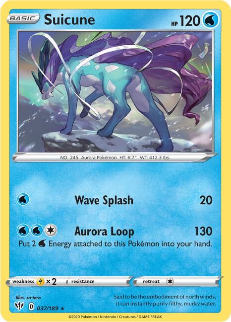 Suicune Pokémon card from SWSH03: Darkness Ablaze, card number 037/189