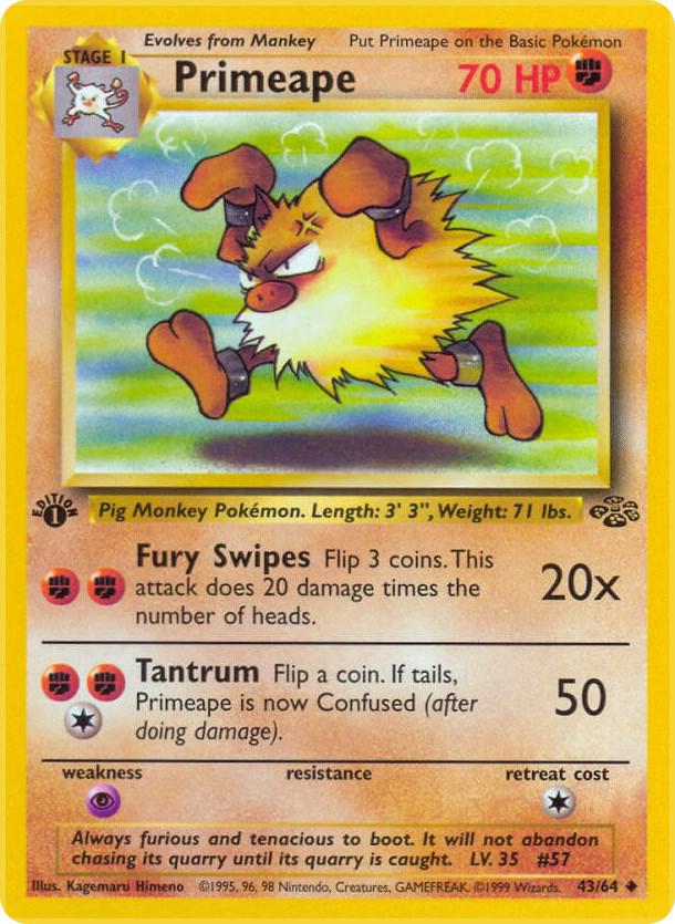 Primeape Pokémon card from Jungle, card number 43/64