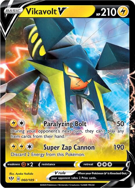 Vikavolt V Pokémon card from SWSH03: Darkness Ablaze, card number 060/189