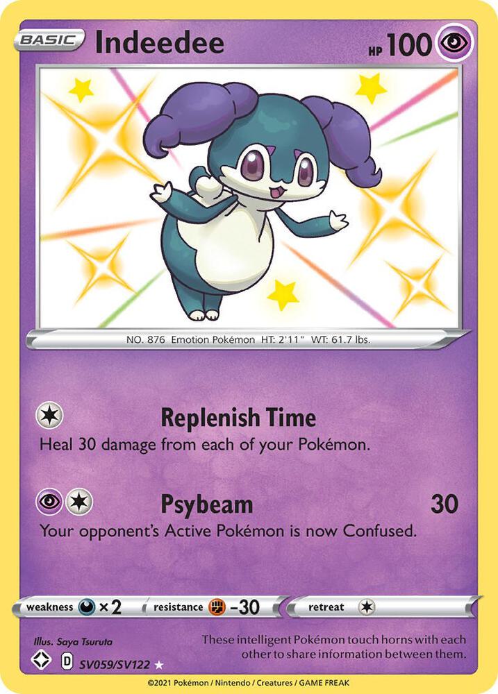 Indeedee Pokémon card from Shining Fates: Shiny Vault, card number SV059/SV122