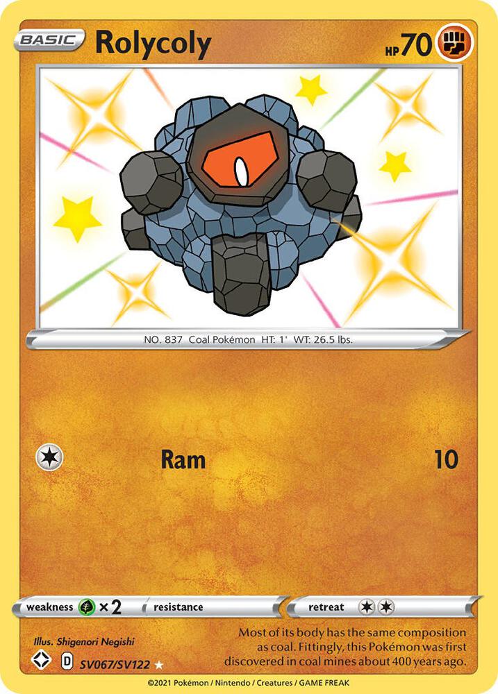 Rolycoly Pokémon card from Shining Fates: Shiny Vault, card number SV067/SV122