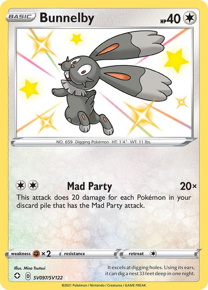 Bunnelby Pokémon card from Shining Fates: Shiny Vault, card number SV097/SV122