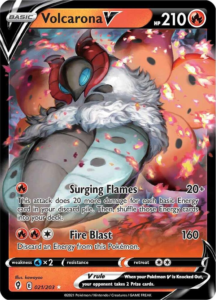 Volcarona V Pokémon card from SWSH07: Evolving Skies, card number 021/203