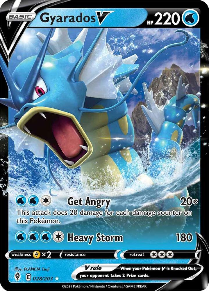 Gyarados V Pokémon card from SWSH07: Evolving Skies, card number 028/203