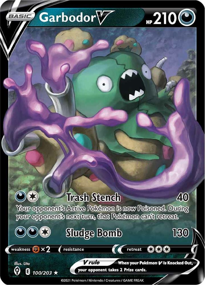 Garbodor V Pokémon card from SWSH07: Evolving Skies, card number 100/203