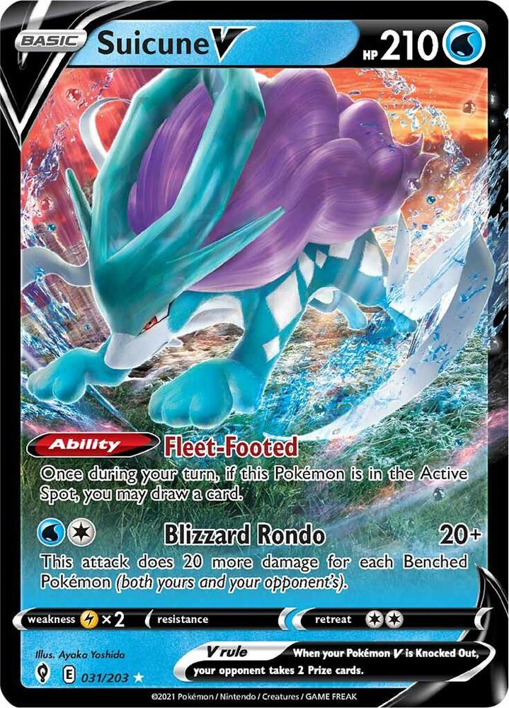 Suicune V Pokémon card from SWSH07: Evolving Skies, card number 031/203