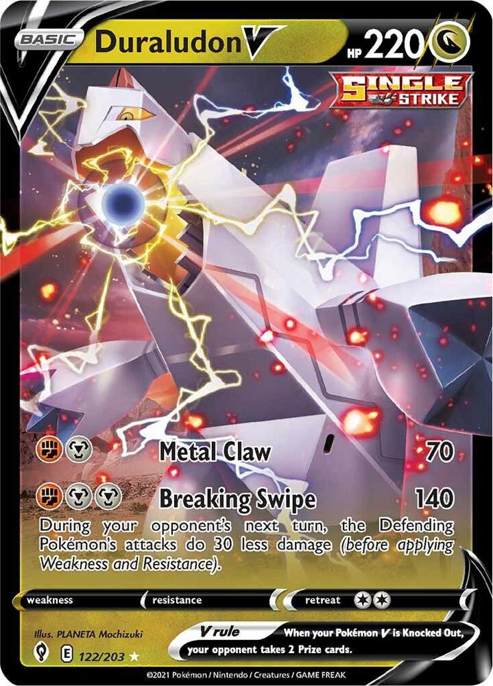 Duraludon V Pokémon card from SWSH07: Evolving Skies, card number 122/203