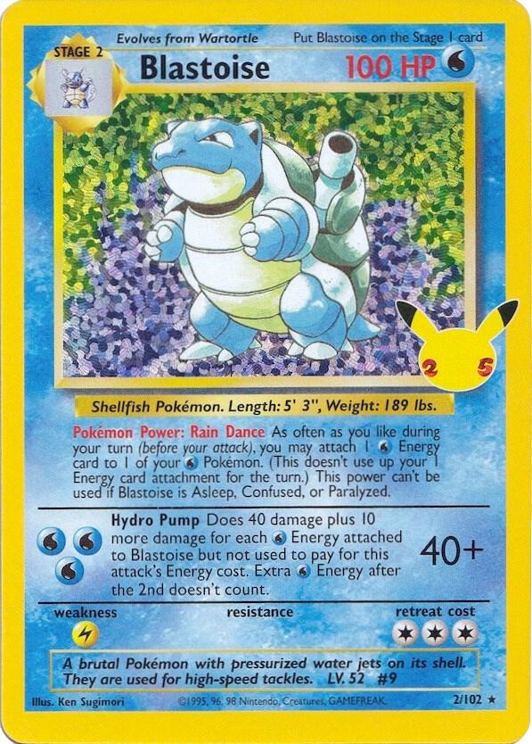 Blastoise Pokémon card from Celebrations: Classic Collection, card number 2/102
