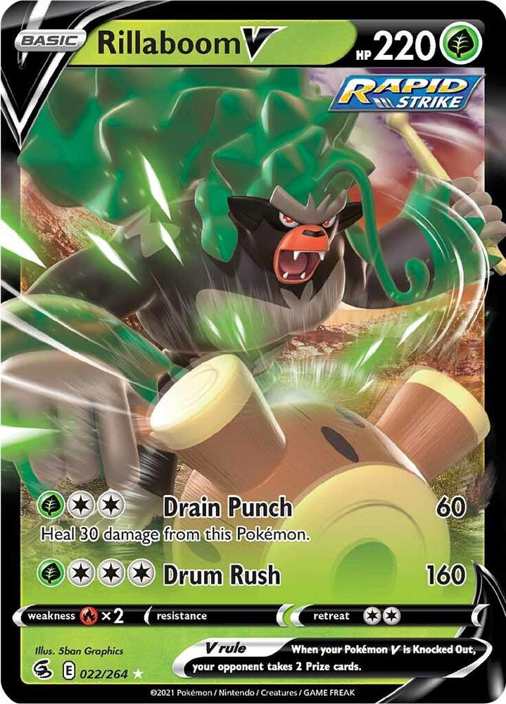 Rillaboom V Pokémon card from SWSH08: Fusion Strike, card number 022/264