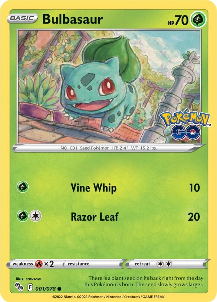 Bulbasaur Pokémon card from Pokemon GO, card number 001/078