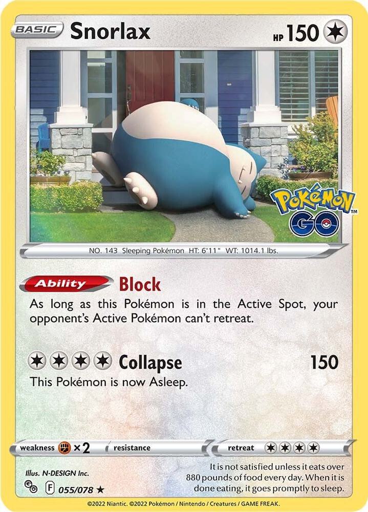 Snorlax Pokémon card from Pokemon GO, card number 055/078