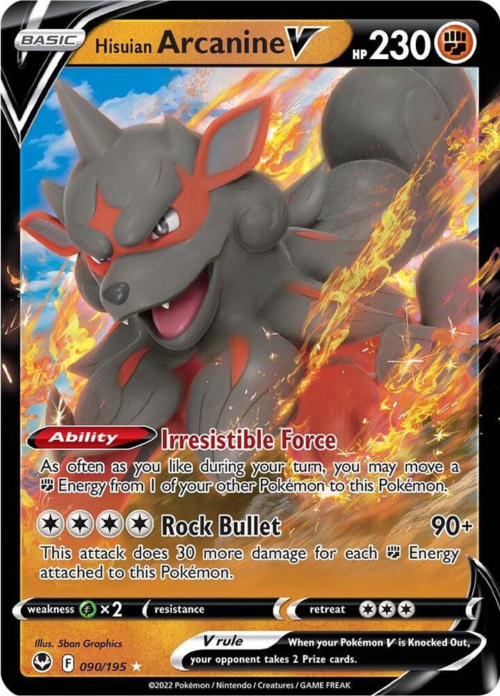 Hisuian Arcanine V Pokémon card from SWSH12: Silver Tempest, card number 090/195