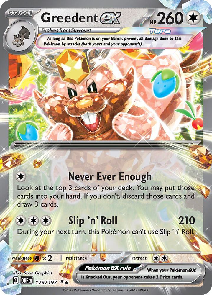 Greedent ex Pokémon card from SV03: Obsidian Flames, card number 179/197