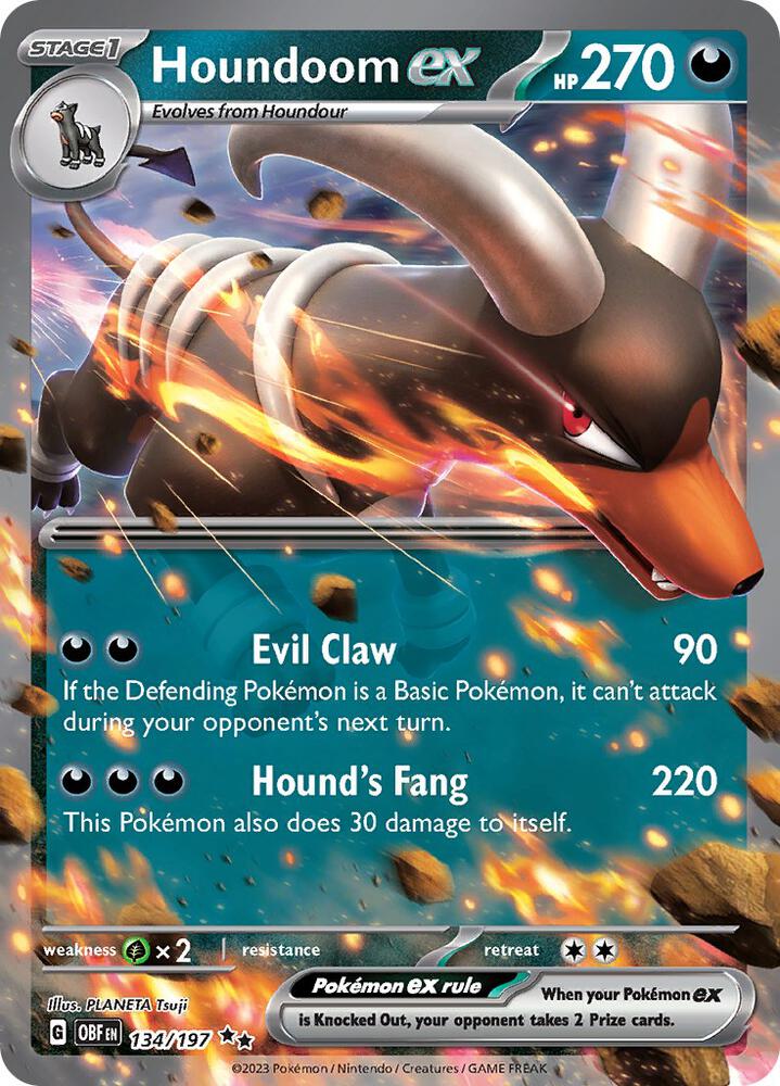 Houndoom ex Pokémon card from SV03: Obsidian Flames, card number 134/197