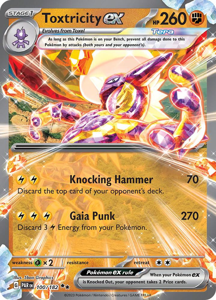 Toxtricity ex Pokémon card from SV04: Paradox Rift, card number 100/182